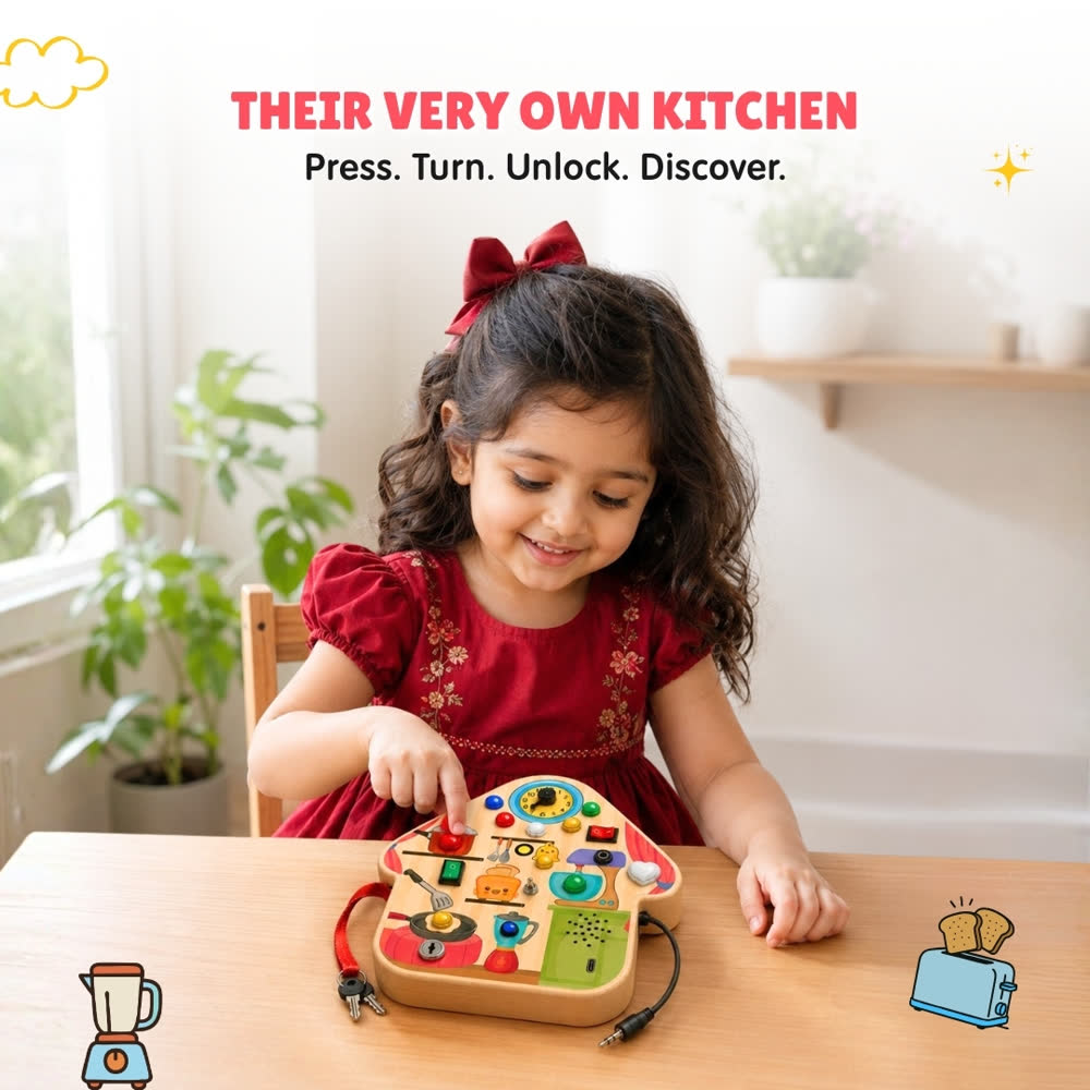 Their very own kitchen — press, turn, unlock, discover